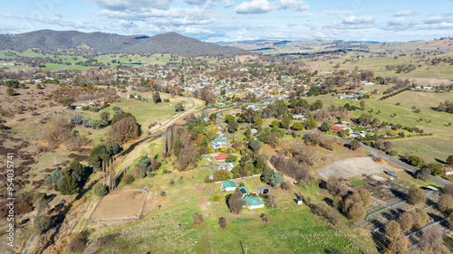 Drone aerial photograph of the regional town of Adelong in the Snowy Mountains in New South Wales in Australia.