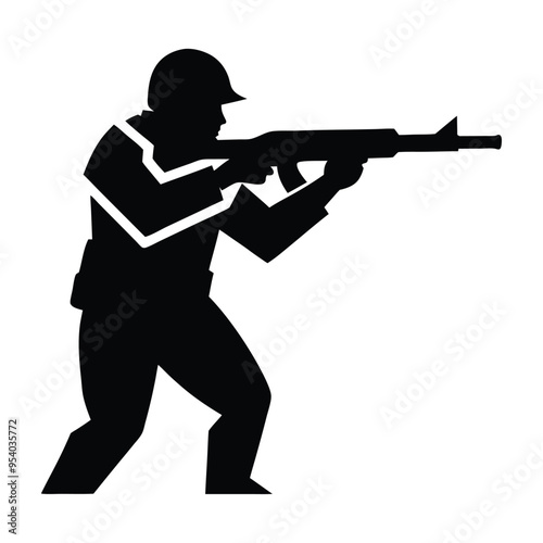 Silhouette of a Shooter Aiming to Fire with a Gun, Dynamic Figure in Action Pose on a White Background, High-Contrast Black Silhouette for Illustrations, Posters, and Graphic Designs