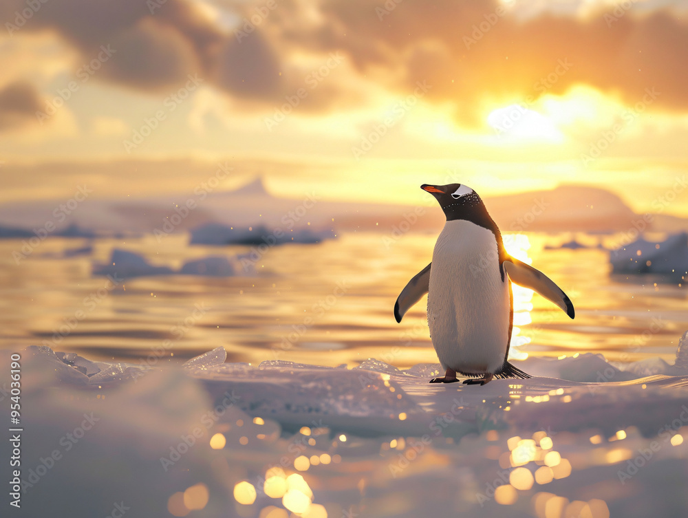Obraz premium Adélie penguin standing on an ice floe in Antarctica, with the sun setting behind, casting a warm glow on the icy landscape, cinematic style, Compositing Core, 8k, detailed,