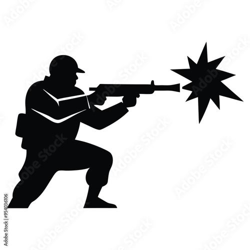 Silhouette of a Shooter Aiming to Fire with a Gun, Dynamic Figure in Action Pose on a White Background, High-Contrast Black Silhouette for Illustrations, Posters, and Graphic Designs