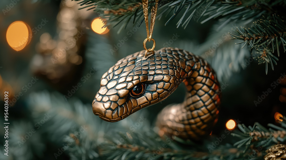 glass gold christmas tree decoration in the shape of a snake head with scale texture hanging on a fir-tree branch, new year 2025, symbol, chinese horoscope, decor, winter, blurred background, postcard glass gold christmas tree decoration in the shape of a snake head with scale texture hanging on a fir-tree branch, new year 2025, symbol, chinese horoscope, decor, winter, blurred background, postcard