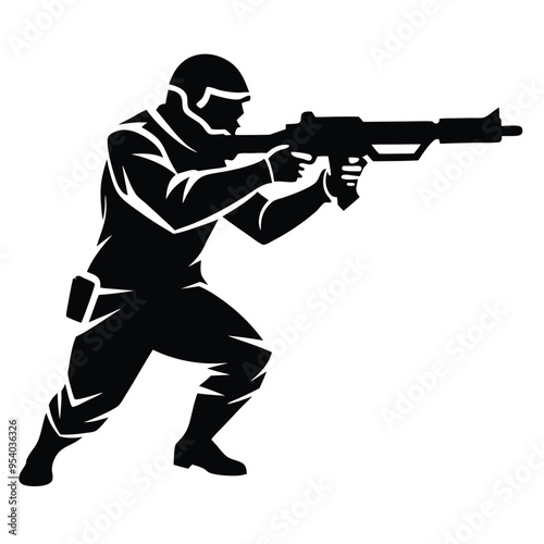 Silhouette of a Shooter Aiming to Fire with a Gun, Dynamic Figure in Action Pose on a White Background, High-Contrast Black Silhouette for Illustrations, Posters, and Graphic Designs