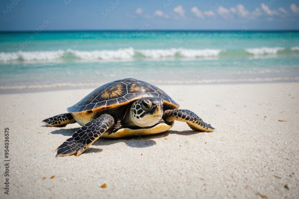 Obraz premium Little turtle on a white beach