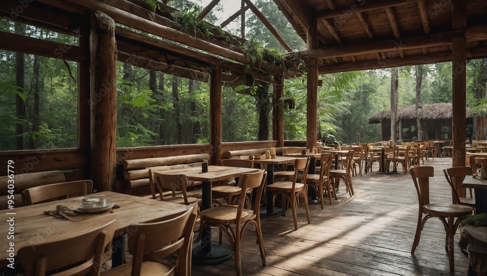 Enjoy a serene wooden cafe located in the heart of the forest, blending rustic design with nature. Enjoy a serene wooden cafe located in the heart of the forest, blending rustic design with nature.