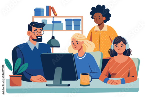 Diverse team brainstorming with computer flat vector illustration. Collab concept illustration