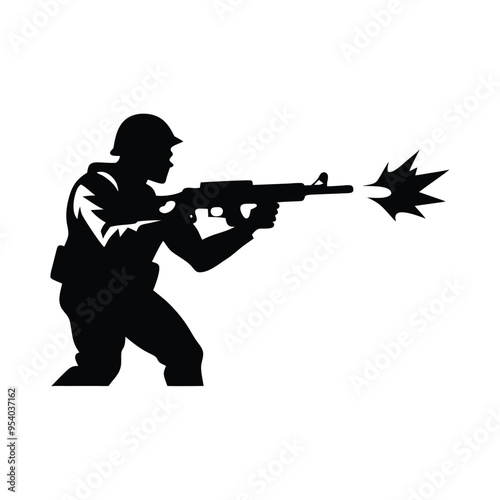 Silhouette of a Shooter Aiming to Fire with a Gun, Dynamic Figure in Action Pose on a White Background, High-Contrast Black Silhouette for Illustrations, Posters, and Graphic Designs