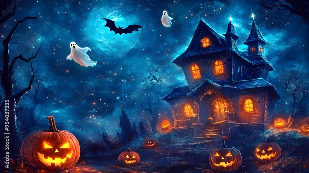 Enchanting Haunted House Under a Starry Autumn Sky with Glowing Pumpkins and Floating Ghosts Creating a Magical Yet Spooky Atmosphere Enchanting Haunted House Under a Starry Autumn Sky with Glowing Pumpkins and Floating Ghosts Creating a Magical Yet Spooky Atmosphere