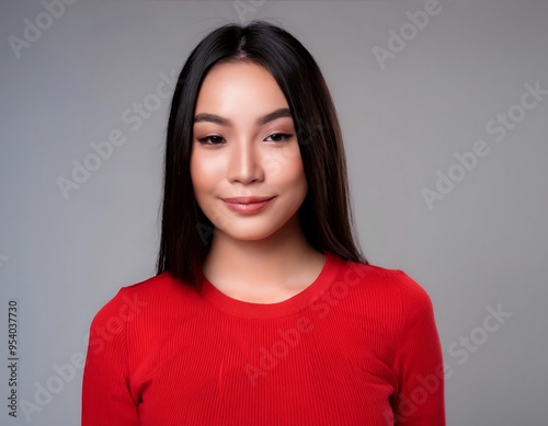 photo skinny girl wearing red underwear showing imperfections skin isolated gray color studio background