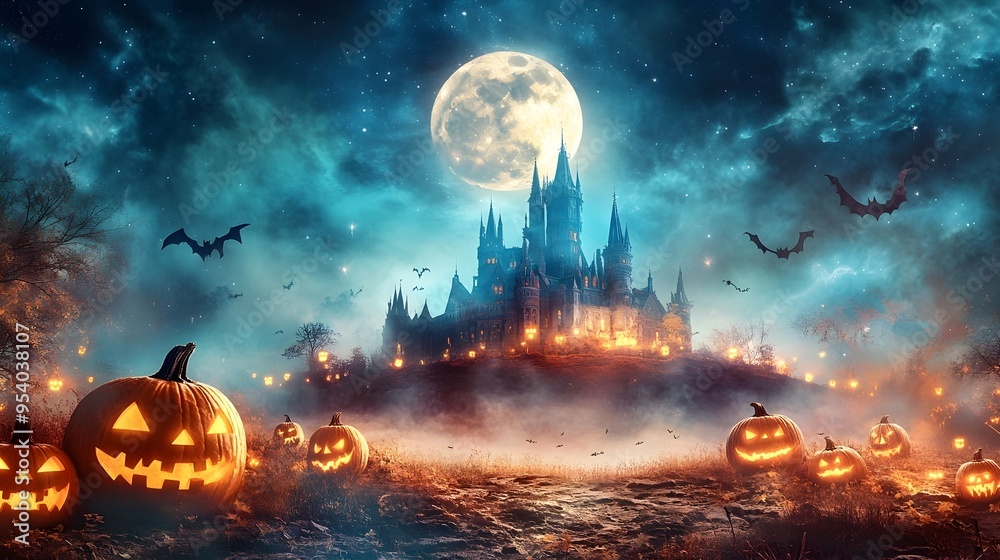A haunted castle perched atop a shadowy hill its imposing silhouette standing against a night sky filled with glittering stars and a glowing full moon A haunted castle perched atop a shadowy hill its imposing silhouette standing against a night sky filled with glittering stars and a glowing full moon