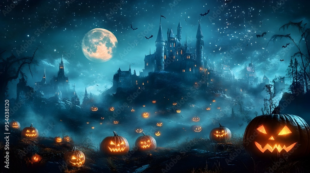 Haunted Castle on a Hill Under a Glowing Full Moon and Sparkling Stars Surrounded by Eerie Fog and Jack o lanterns A Spooky Mysterious and Atmospheric Landscape Perfect for Horror Fantasy Haunted Castle on a Hill Under a Glowing Full Moon and Sparkling Stars Surrounded by Eerie Fog and Jack o lanterns A Spooky Mysterious and Atmospheric Landscape Perfect for Horror Fantasy