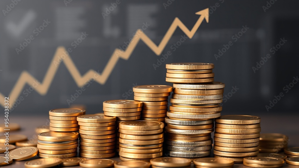 Stacks of shiny coins are arranged in a staircase formation, symbolizing growth, with an upward graph in the background illustrating financial progress Stacks of shiny coins are arranged in a staircase formation, symbolizing growth, with an upward graph in the background illustrating financial progress
