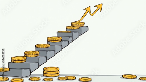 A staircase made of stacked coins leads upward, each step showcasing a gradual increase in wealth. The upward arrow signifies progress and financial growth photo