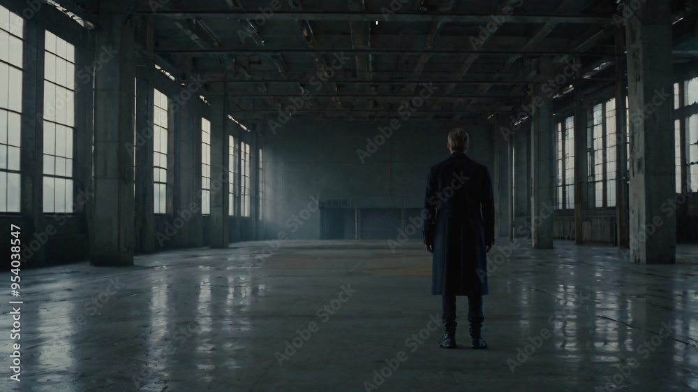 A person stands alone in a large, empty warehouse, surrounded by concrete walls and large windows that let in dim light, creating a sense of isolation and contemplation A person stands alone in a large, empty warehouse, surrounded by concrete walls and large windows that let in dim light, creating a sense of isolation and contemplation