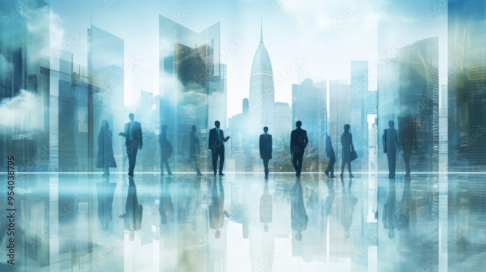 A silhouette of business professionals against a modern city skyline, symbolizing collaboration and corporate success. A silhouette of business professionals against a modern city skyline, symbolizing collaboration and corporate success.
