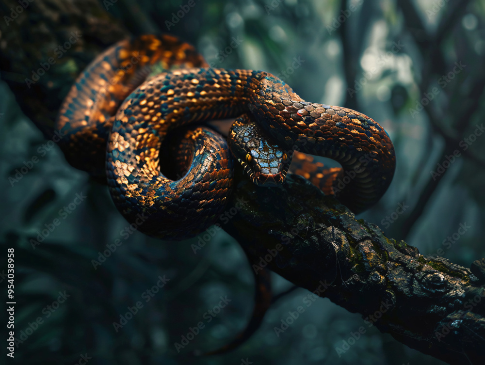 Naklejka premium Aesculapian snake coiled around a tree branch, with its sleek body highlighted against a dark forest background, cinematic style, Compositing Core, 8k, detailed,