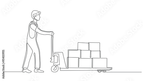 continuous line of warehouse man with hand truck.one line drawing of man transporting goods with pallet truck.single line of industrial activity,logistics.isolated white background