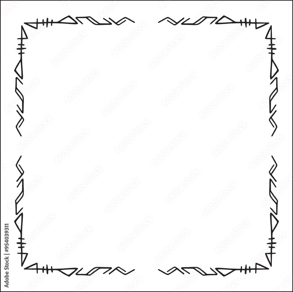 Obraz premium Elegant black and white ornamental frame with Viking runes, decorative border, corners for greeting cards, banners, business cards, invitations, menus. Isolated vector illustration. 
