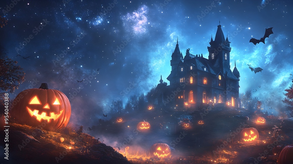 Haunted Gothic Mansion Sitting on a Hill Under a Sky Filled with Sparkling Stars Surrounded by Glowing Pumpkins and Swirling Fog Capturing the Eerie Spirit of Halloween