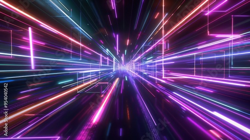 Abstract Neon Lights Speeding Through Digital Space