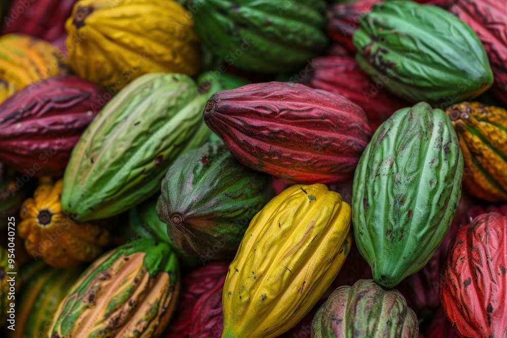 Cacao Pod Harvest: Organic Raw Material for Chocolate - Aubergine, Green, Yellow, and Red Colors