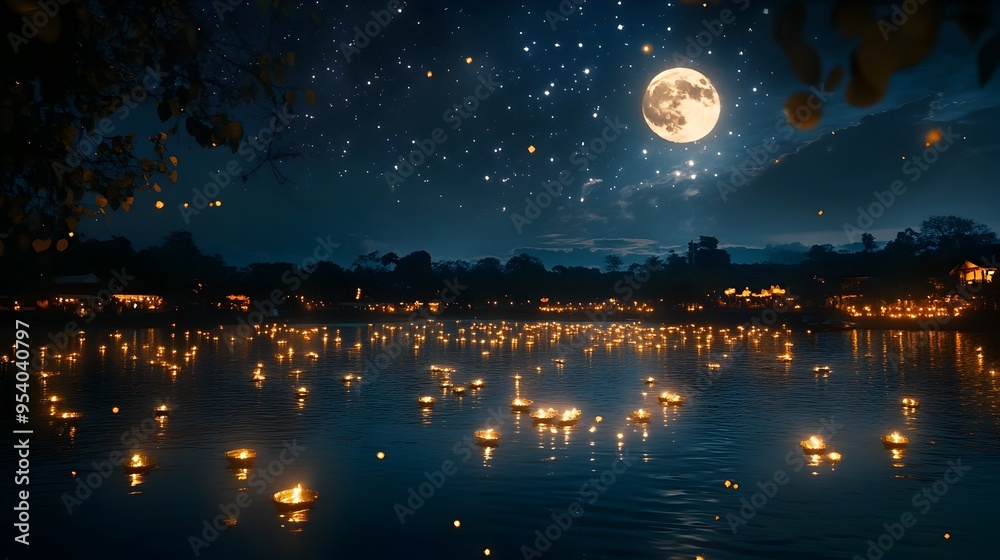 Naklejka premium Serene Loy Krathong Night with a River Filled with Glowing Krathongs Sparkling Stars in the Sky and a Full Moon Casting a Dreamy Light on the Water