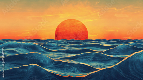 A sunset over the blue ocean sea waves landscape boho 70s style retro painting background wallpaper