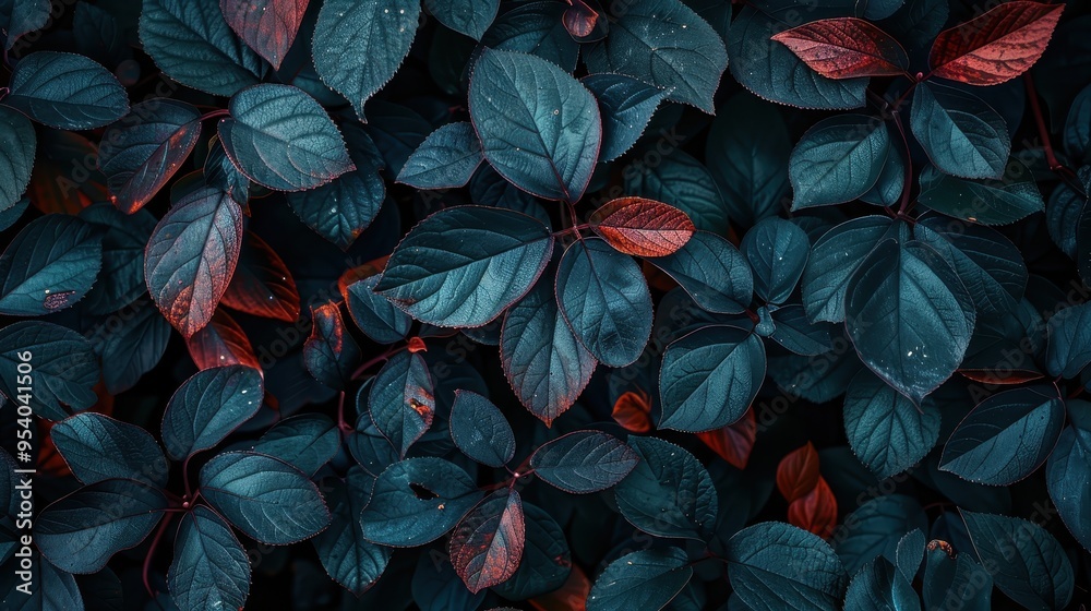A close-up view of lush, dark green and red leaves with water droplets. Nature background, showcasing leaf texture and vibrant colors. A close-up view of lush, dark green and red leaves with water droplets. Nature background, showcasing leaf texture and vibrant colors.