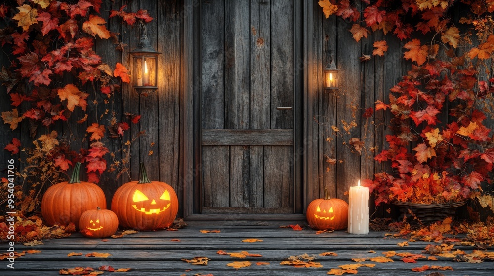 Obraz premium Halloween background as wooden porch and door of old house with pumpkins and candles on night fog background