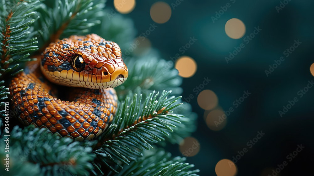glass gold christmas tree decoration in the shape of a snake head with scale texture hanging on a fir-tree branch, new year 2025, symbol, chinese horoscope, decor, winter, blurred background, postcard glass gold christmas tree decoration in the shape of a snake head with scale texture hanging on a fir-tree branch, new year 2025, symbol, chinese horoscope, decor, winter, blurred background, postcard