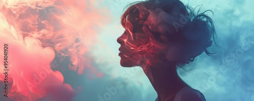 A silhouette of a woman with colorful smoke blending around her, creating a dreamy and ethereal atmosphere.