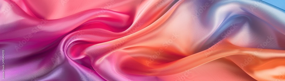 Fototapeta premium A vibrant, flowing silk fabric with gradients of pink, purple, orange, and blue, creating a luxurious and dynamic background.