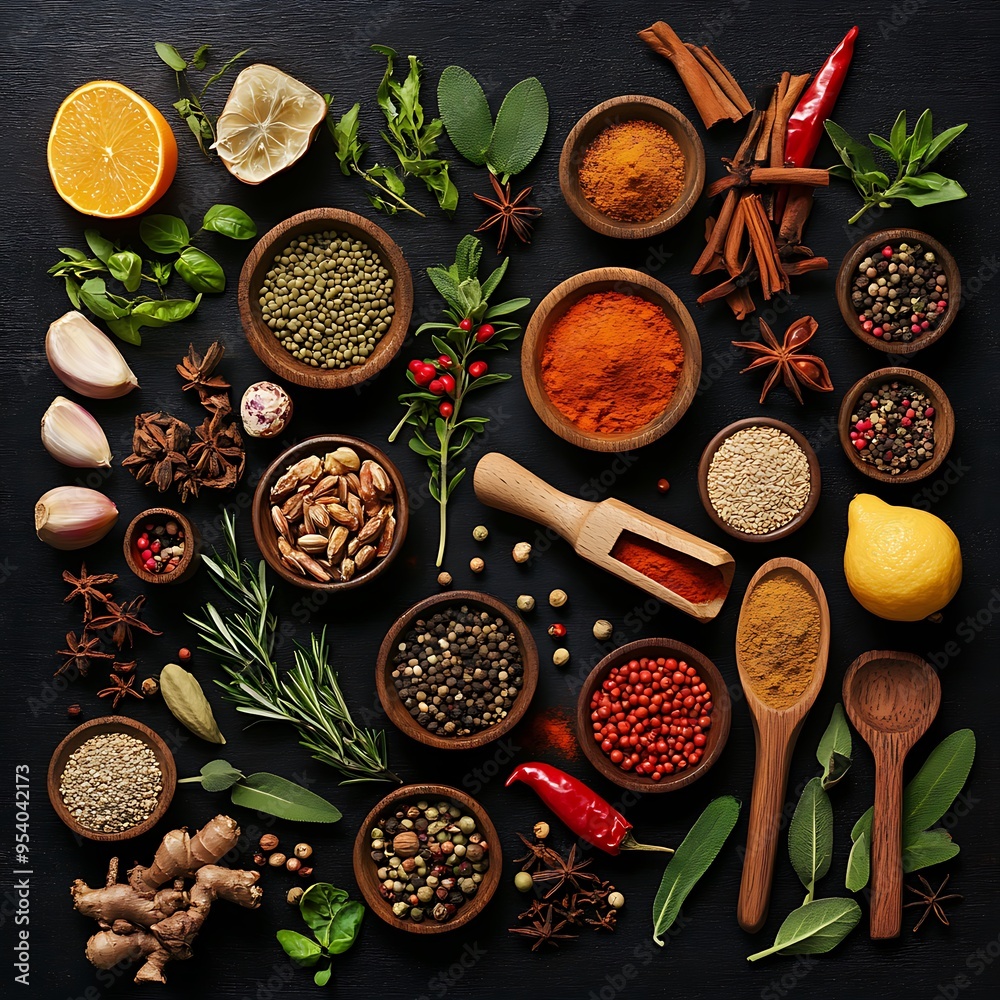 Top view of Herbs and spices isolated on background, ingredients for cooking food, healthy vegetables food, high fibers and vitamins Top view of Herbs and spices isolated on background, ingredients for cooking food, healthy vegetables food, high fibers and vitamins