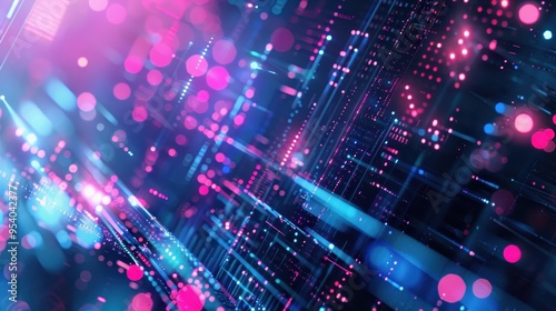 Abstract digital technology background with vibrant blue and pink lights representing data and network connections.