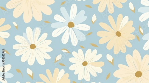 A floral pattern featuring large light-colored flowers on a soft blue background, ideal for textiles or wallpapers.