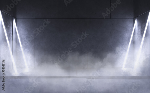 Abstract empty concrete room with dark backwall and white neon lamps - industrial interior or background template, 3D illustration