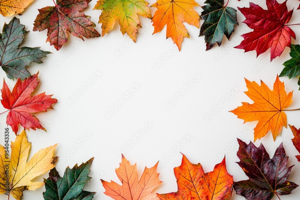 Autumn Maple Leaves Flat Lay White Background created with Generative AI Autumn Maple Leaves Flat Lay White Background created with Generative AI