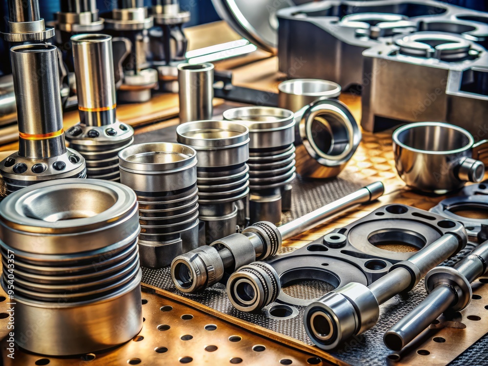 Close-up of diesel engine components, including fuel injectors, piston rings, and cylinder liners, laid out on a Close-up of diesel engine components, including fuel injectors, piston rings, and cylinder liners, laid out on a