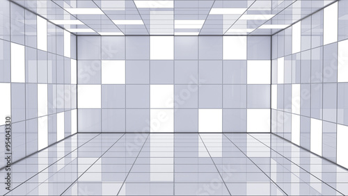 3D illustration of futuristic white room with reflective surfaces and geometric patterns. Rectangular room with walls, ceiling, and floor made of square white, reflective and luminous panels.