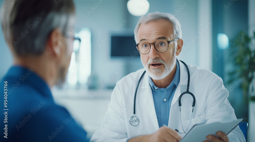 In a well-lit medical office, a doctor is engaged in a detailed discussion with an elderly male patient. The doctor, wearing glasses and a stethoscope, is taking notes while mainta In a well-lit medical office, a doctor is engaged in a detailed discussion with an elderly male patient. The doctor, wearing glasses and a stethoscope, is taking notes while mainta