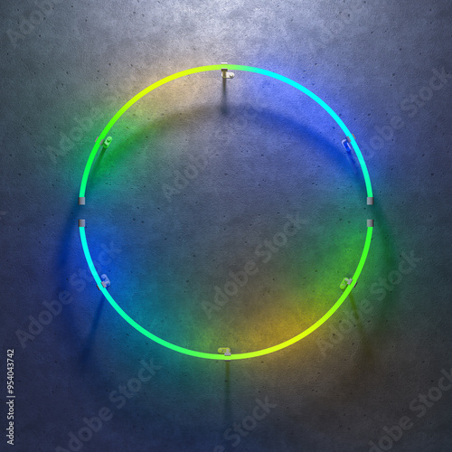 Round shaped glowing neon frame on dark gray concrete wall. Blue to green or yellow gradient color glow. 3d illustration.