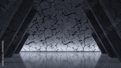 A mysterious, dark corridor with cracked walls illuminated by a subtle, eerie light. 3d render.