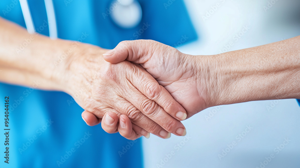 A tender moment is captured in this image as a nurse, dressed in blue with a stethoscope, holds the hand of her senior patient. The focus on their hands symbolizes care, comfort, a A tender moment is captured in this image as a nurse, dressed in blue with a stethoscope, holds the hand of her senior patient. The focus on their hands symbolizes care, comfort, a