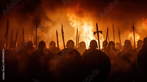 A group of warriors clad in armor faces a massive flame, their silhouettes outlined against the fiery backdrop. The atmosphere is tense as they ready themselves for an impending confrontation photo