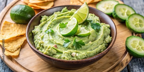 Fresh guacamole garnished with lime slices and chips.