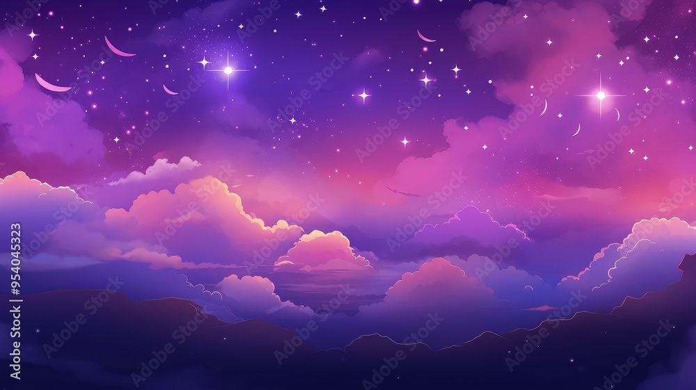 A serene digital illustration of a twilight sky filled with vibrant clouds and twinkling stars.