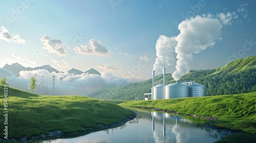 Industrial plant with smokestacks and a river in a green landscape against mountains under a blue sky with clouds.