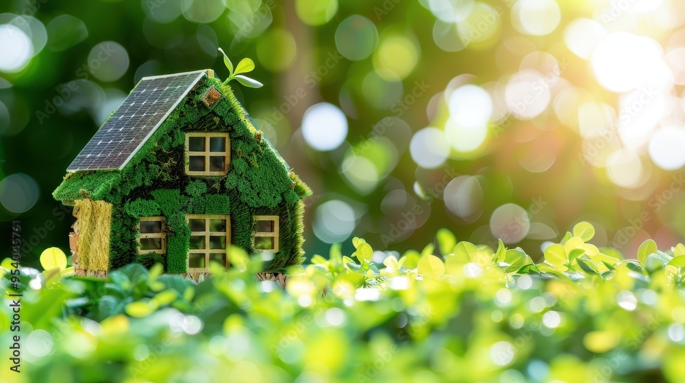 Miniature green house model with solar panel on roof surrounded by greenery, symbolizing sustainable and eco-friendly living. Miniature green house model with solar panel on roof surrounded by greenery, symbolizing sustainable and eco-friendly living.