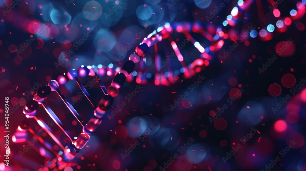Abstract DNA Structure with Red and Blue Bokeh