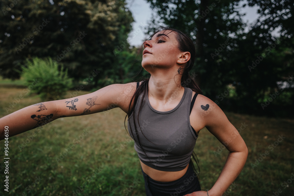 A young woman with tattoos dances gracefully in a park, showcasing freedom and creativity amidst lush greenery. A young woman with tattoos dances gracefully in a park, showcasing freedom and creativity amidst lush greenery.