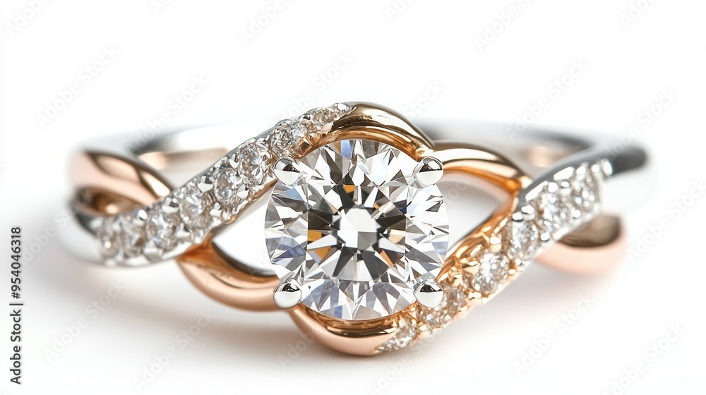 The diamond ring is a combination of white gold and rose gold with a white background, and a little bit of the metal is taken with a macrolens The diamond ring is a combination of white gold and rose gold with a white background, and a little bit of the metal is taken with a macrolens